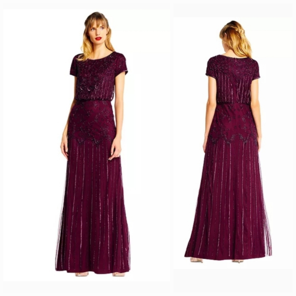 New Adrianna Papell Floor-Length Beaded Short Sleeves Formal Party Gown. Small